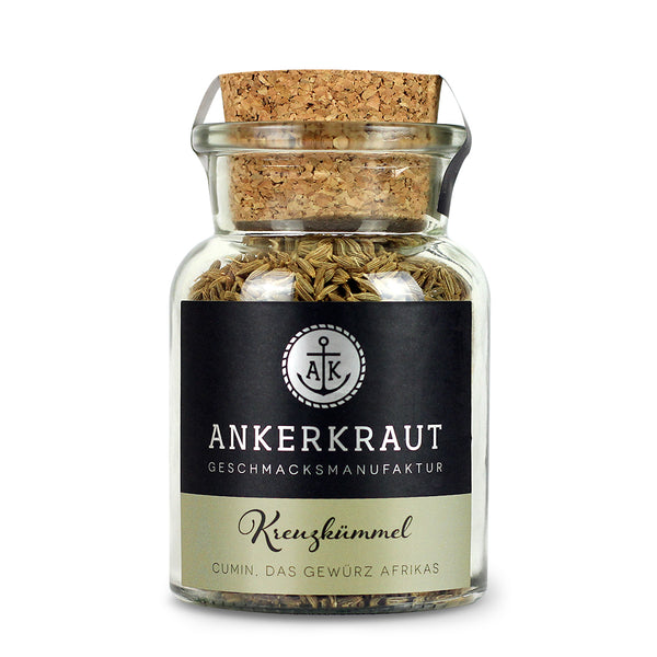 Kreuzkümmel Gewürz von Ankerkraut im Korkenglas auf weißem Hintergrund.