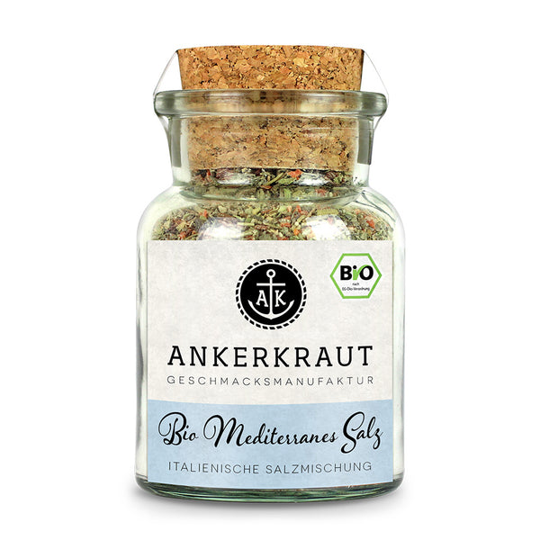 BIO Mediterranes Salz von Ankerkraut im Korkenglas auf weißem Hintergrund.