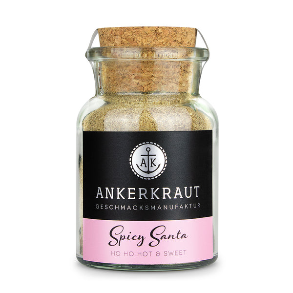 Ankerkraut Spicy Santa Gewürz im Korkenglas auf weißem Hintergrund.