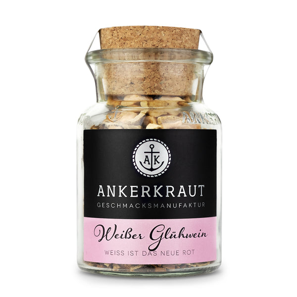 Weißes Glühweingewürz von Ankerkraut im Korkenglas auf weißem Hintergrund.